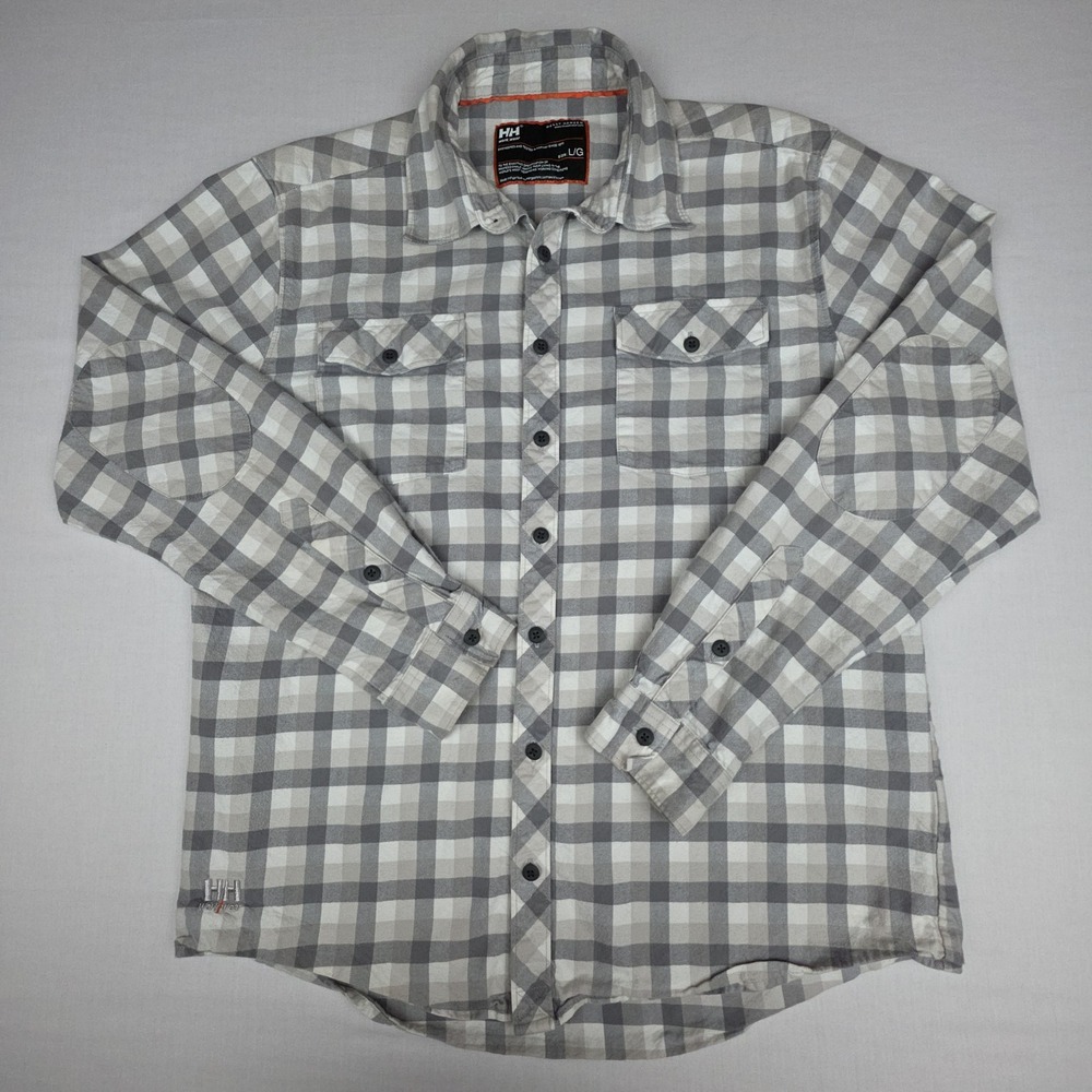 Helly Hansen Workwear Oxford Plaid Button Up Shirt Mens Large Gray Check Cotton